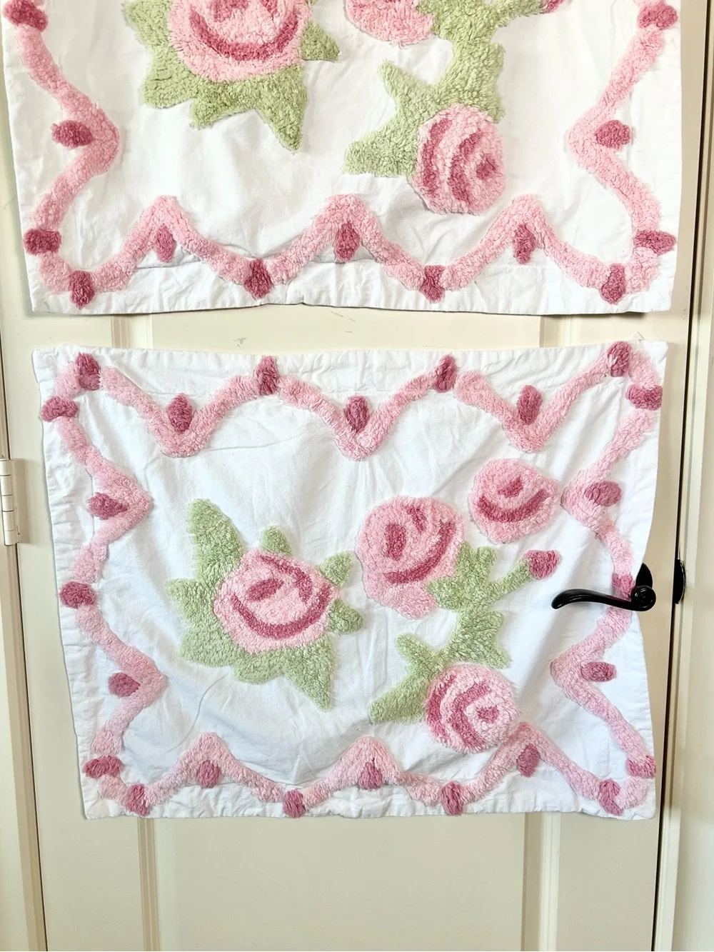 Vintage Shabby Chic Chenille Pink Rose Pillow Shams Set of 2 White Cotton